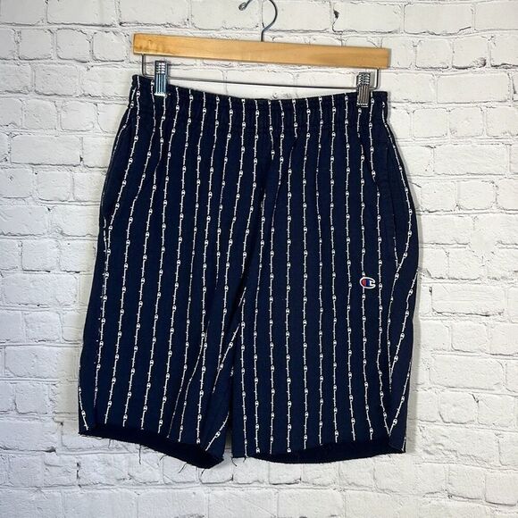 Champion Mens Logo Spellout All over Print Powerblend Pinstripe Shorts Navy L - Picture 1 of 8